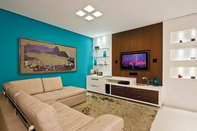 moderni seinäyksikkö olohuone suunnittelu sisustusideoita seinän väri turkoosi