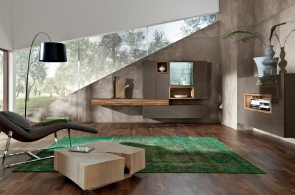 moderni olohuoneen kalusteet ruohonvihreä matto sivupöytä puunrungosta