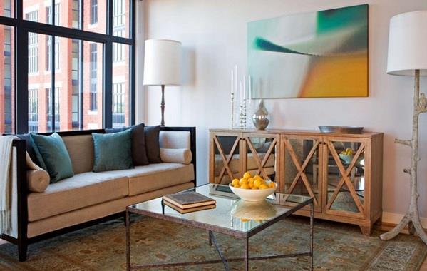 moderni olohuone huonekalut peilipinta puinen lipasto sohvapöytä seinän koristelu seisovat valot