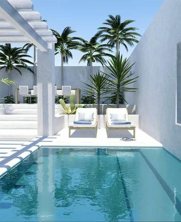 moderni puutarha uima -altaalla rentoutumisalue ruokailutila valkoinen puutarha