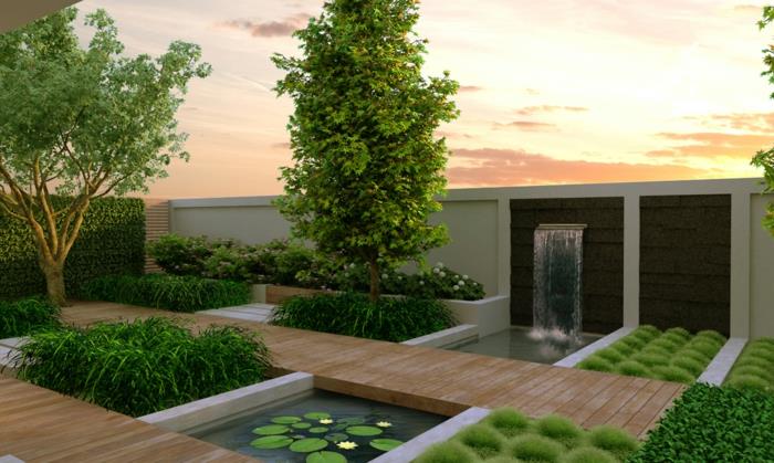 moderni puutarha vesiputous vihreä tyylikäs puutarha -aita