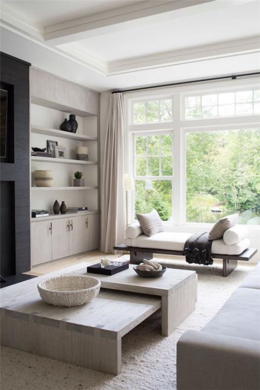 moderni olohuone kirkas tunnelma suuri ikkuna tyylikäs matala huonekalut valkoinen