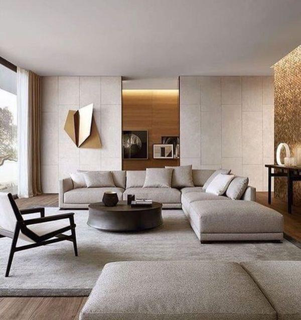 moderni olohuone erittäin tyylikäs tunnelma valkoinen sohvasetti matto sisäänrakennettu LED-valaistus