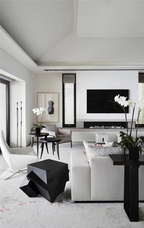 moderni olohuone valkoinen tunnelma musta huonetarvikkeet mustat koriste-esineet katseenvangitsijana