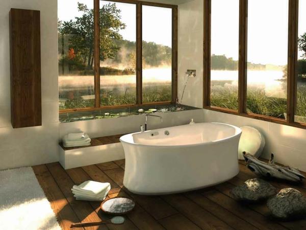 moderni kylpyhuone ideoita lampi panoraamaikkuna