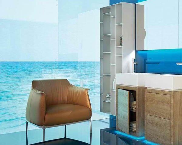 moderni kylpyhuone huonekalut verhoiltu nojatuoli lasiseinät merinäköala moma design