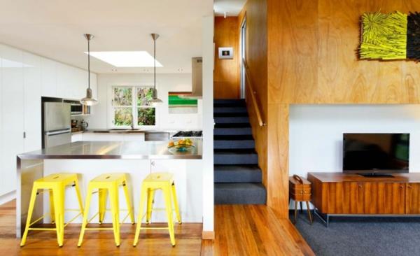 moderni suunnittelija talo keltainen keittiö keittiö saari tuoli puu