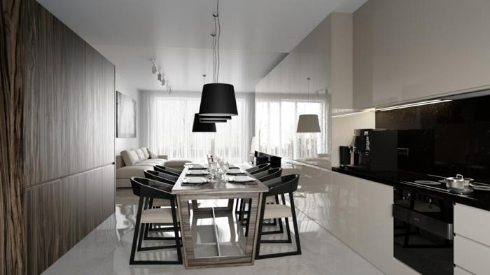 moderni ruokasali hieno ruokapöytä mukavat tuolit riippuvalaisimet valkoinen lattia