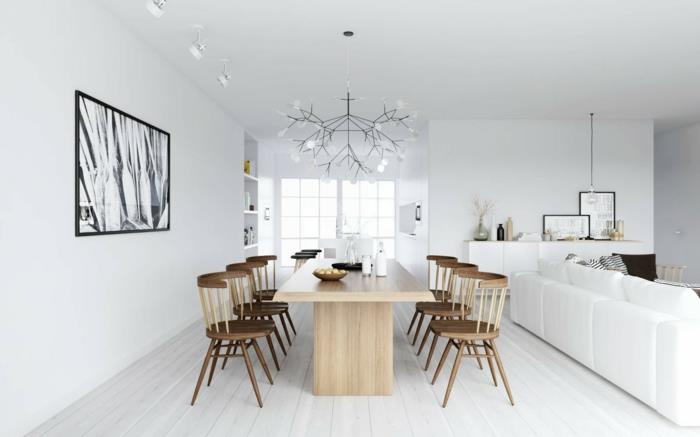 moderni ruokasali puiset huonekalut valkoiset seinät