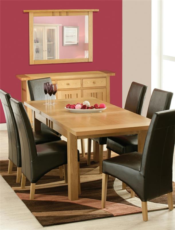 moderni ruokasali matto punainen aksentti seinä puinen pöytä