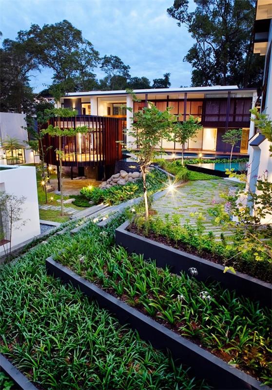 moderni talo singapore kestävä arkkitehtuuri puutarhan suunnitteluideat puutarhavalaistus
