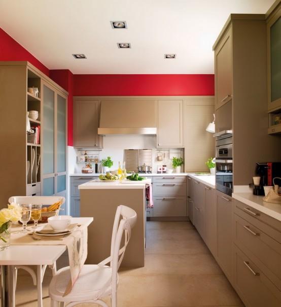 moderni keittiön muotoilu beige punaiset keittiön seinät