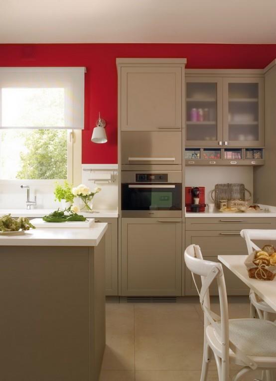 moderni keittiösuunnittelu beige punainen keittiösaaren ruokailutila