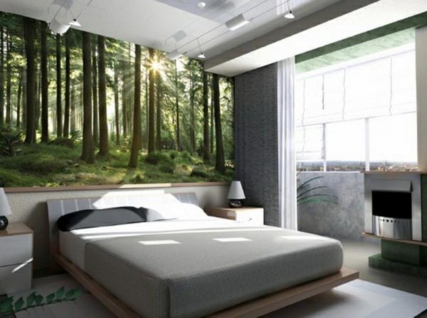 makuuhuoneen seinän suunnittelu metsä inspiraation sänky