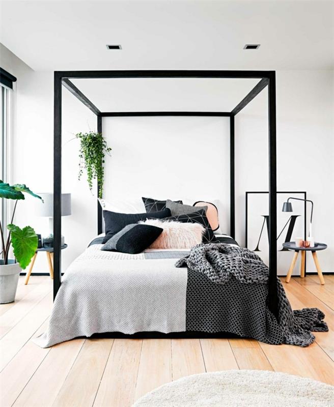 moderni makuuhuone kauniit kangaskuviot yhdistävät puiset lattiatyynyt