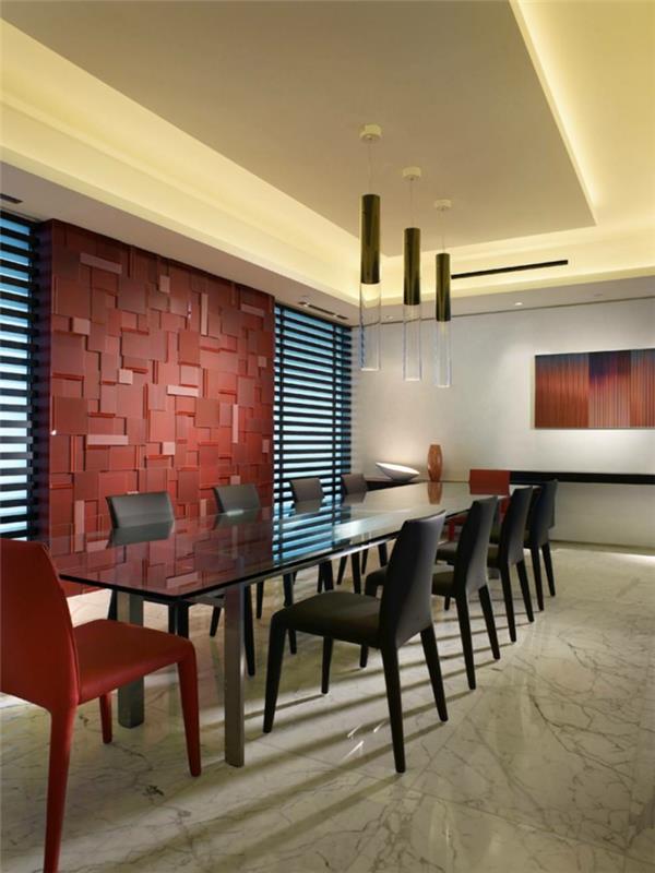 moderni elävä epätavallinen seinän suunnittelu ruokasalissa ja lasipöytä