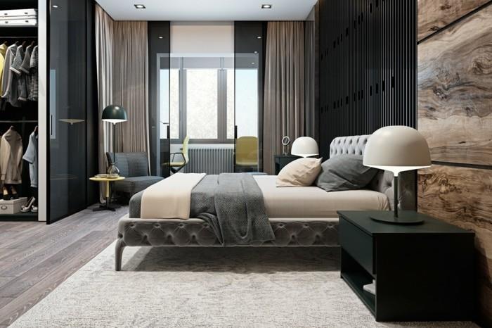 moderni olohuone ja ylellinen makuuhuone, jossa on matto ja verhot
