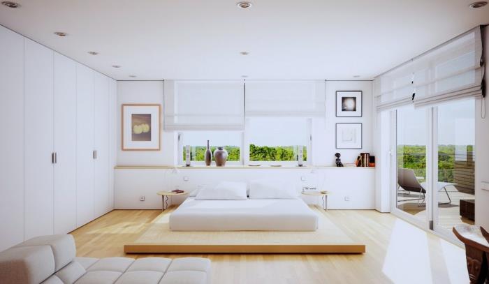 moderni valkoinen minimalistinen makuuhuone, jossa on sisäänrakennetut valot