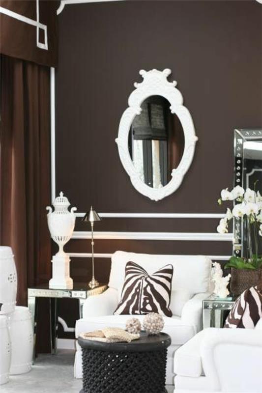 moderni olohuoneen suunnittelu seinän väri ruskeat sävyt peili nojatuoli
