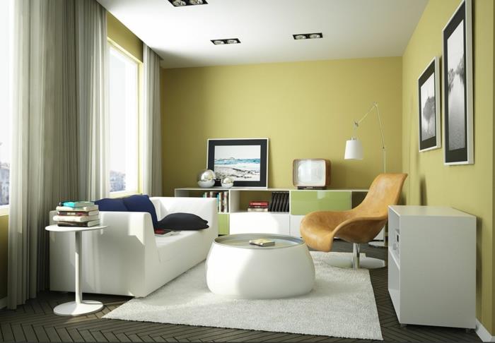 Kalusta moderni olohuone pieni valkoinen matto nojatuoli vihreä seinämaali