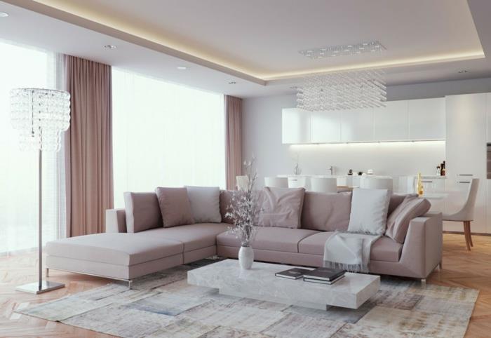 Sisusta moderni olohuone avoin beige sohva kaunis lattiavalaisin