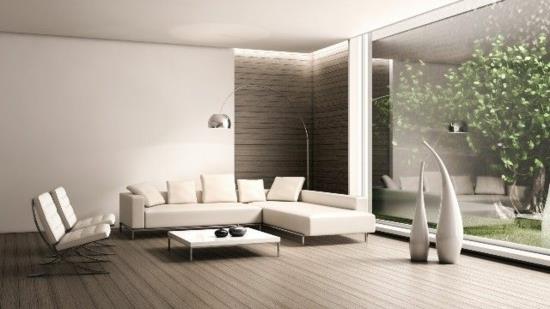 moderni olohuone design puulattia minimalistinen näkymä piha lasiseinä
