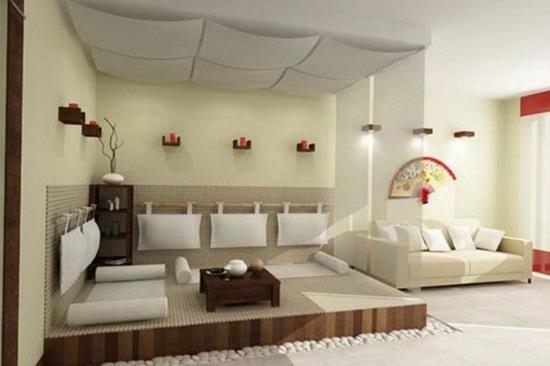 moderni olohuoneen suunnittelu aasialaiseen tyyliin pikkukivi rentoutumisnurkkaus