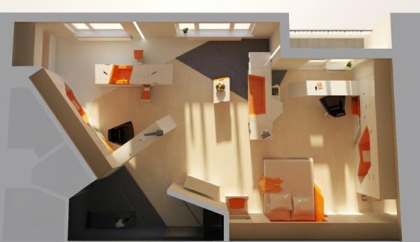 modulaarisen talon sisätilojen lintuperspektiivi