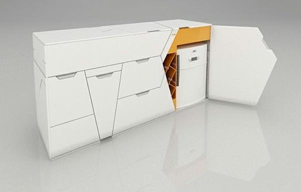 modulaarinen talon sisustus tilaa säästävät keittiökalustekaapit ja jääkaappi