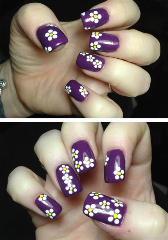 kynsien suunnittelu kevätideoita kukilla ja violetilla kynsilakalla