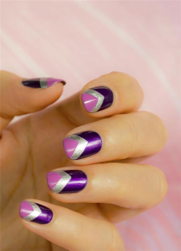 kynsien mallit kynnet nailart kolmio kuvio violetti hopea vaaleanpunainen kynsilakka