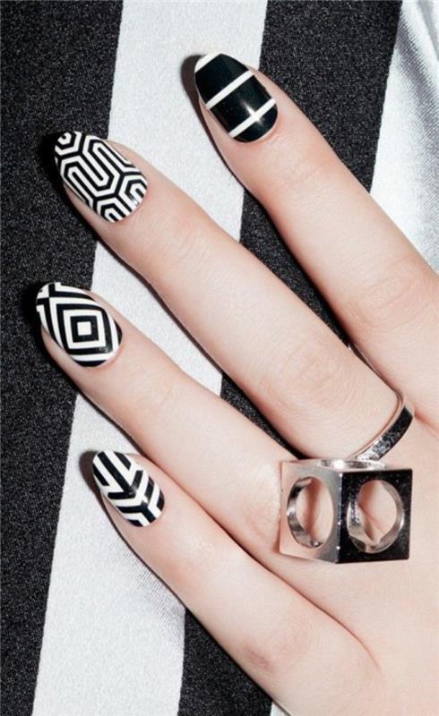 kynsien mallit kynnet suunnittelu nailart geometrinen kuvio geelikynnet musta valkoinen