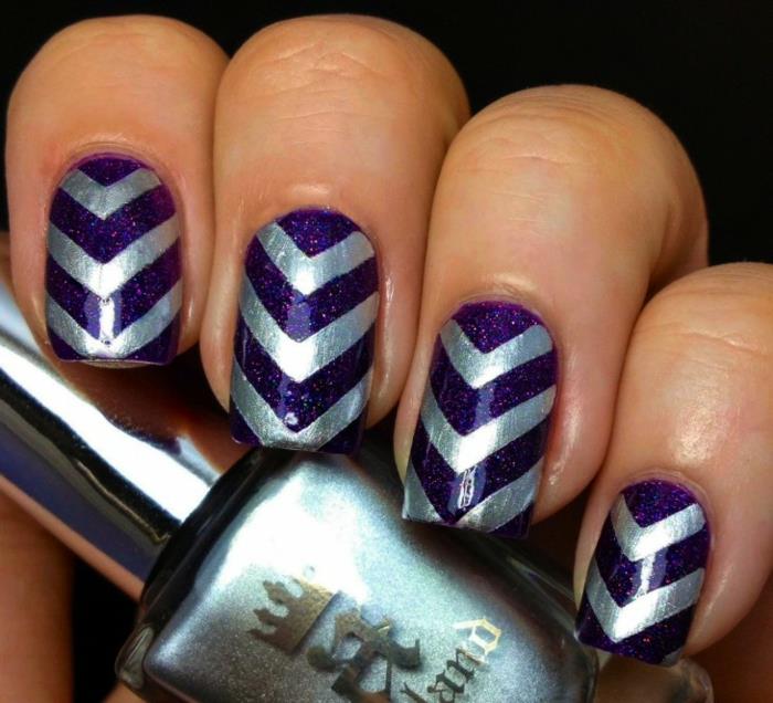 kynsien mallit kynnet suunnittelu nailart nageltrends geelikynnet violetti hopea chevron kuvio