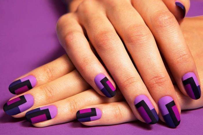 kynsien mallit kynnet nailart suorakulmio kuvio violetti vaaleanpunainen musta