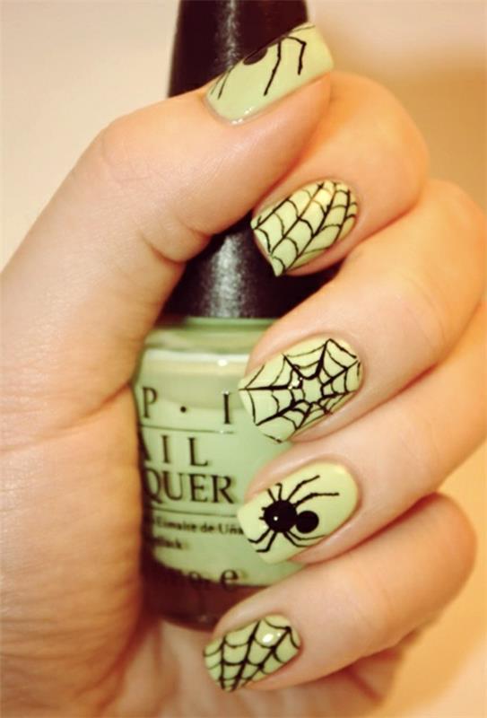 kynsilakka ideoita halloween kynsien suunnittelu kuvat hämähäkki vaaleanvihreä
