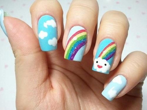 Rainbow and Clouds Nail Art