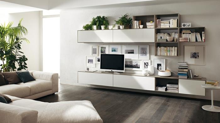 neutraalin värin suunnittelu olohuoneen sohvan sisustusideoita minimalistiset seinähyllyt