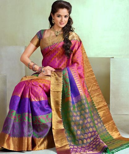 Rózsaszínű Kanchi Pattu Saree