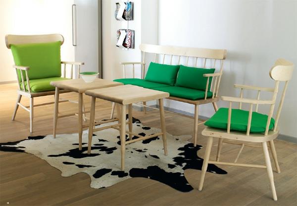 pohjoismainen olohuone ideoita suunnittelu vihreä tuoli tyynyt
