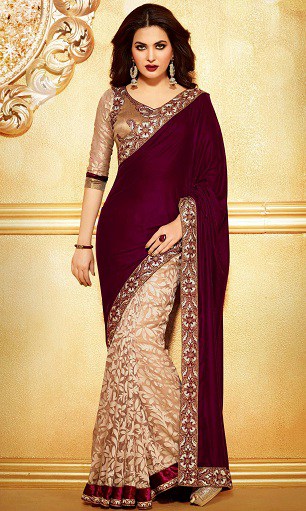 Beige og rødbrun farve North Indian Saree