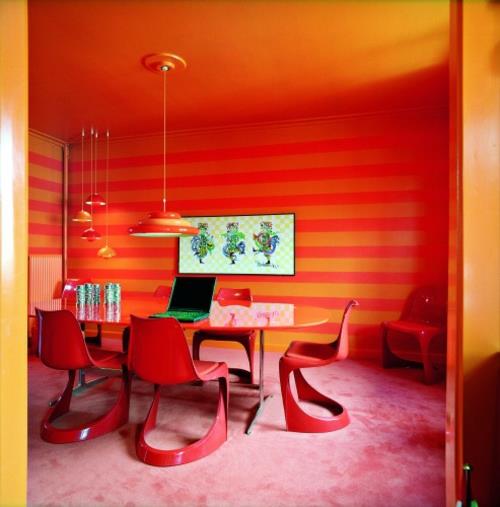 oranssi ruokasali kirkkaat värit idea suunnittelu