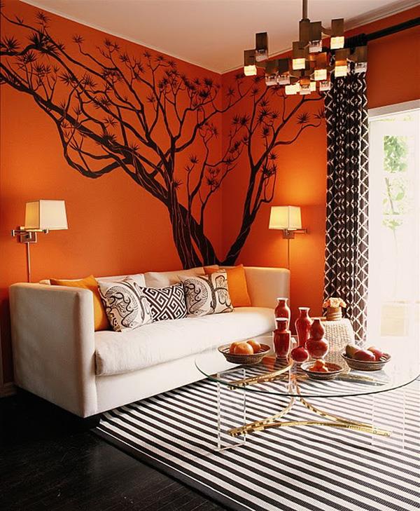 oranssi sisustusideoita sohvatyynyt seinään