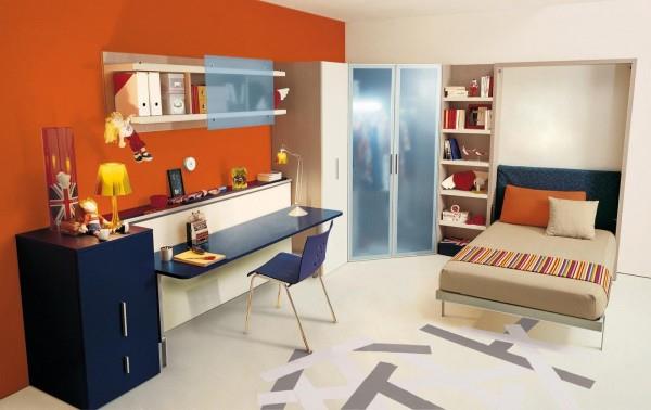 oranssi seinän suunnittelu lastenhuone tilaa säästävät huonekalut