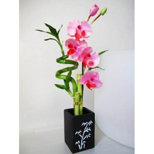 orkidea keraaminen maljakko bambu lohikäärme puu vaaleanpunaisia ​​kukkia