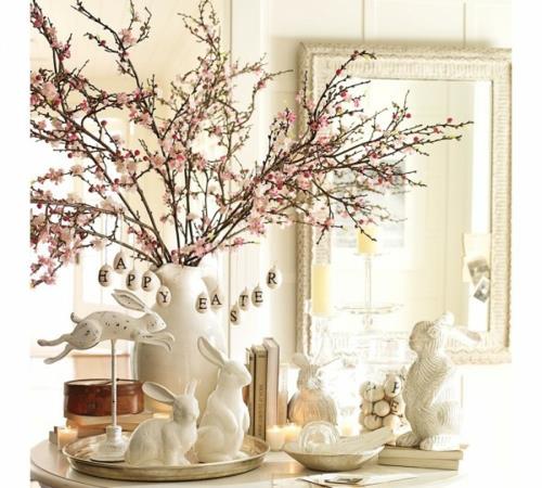 pääsiäinen koristelu persikka oksat valkoiset kanit posliini