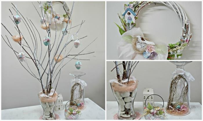 Pääsiäinen koristelu tinker idea pöytä koristelu itse tehdä lasit oksat pääsiäismunia kiviä