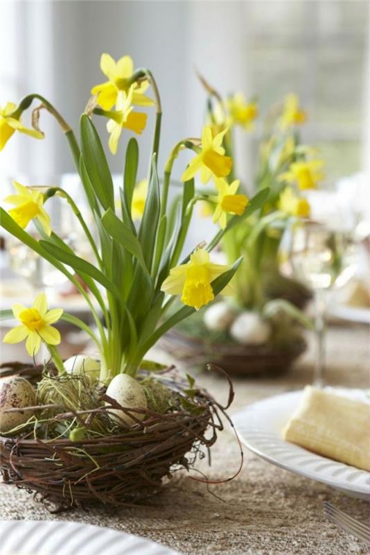 pääsiäinen koristelu pääsiäispöydän koristeet kevätkukat narsissit viiriäisen munat pääsiäismunat pesät