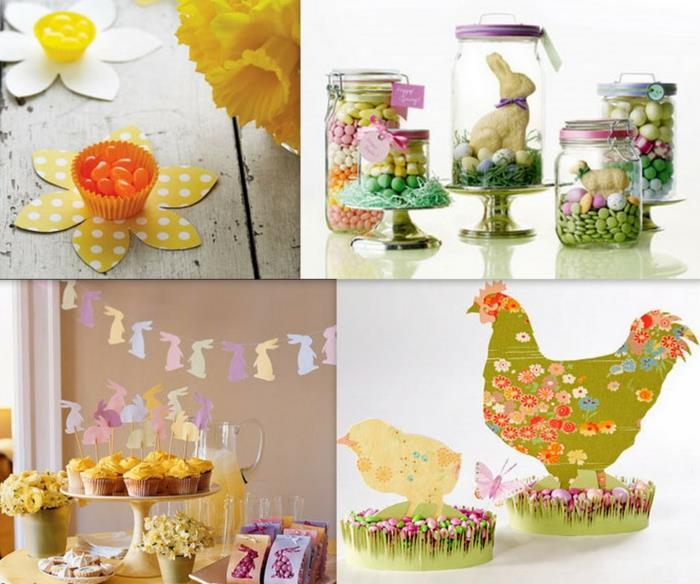 pääsiäinen koristelu pöytä karkkia cupcakes paperi seppeleitä pääsiäispupu kevätkukkia