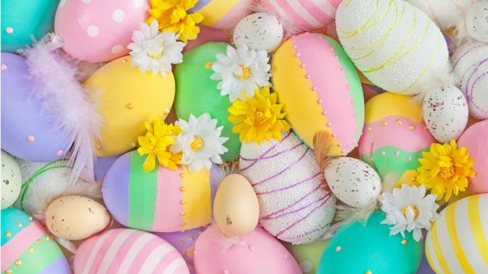 maalaus pääsiäismunat vesiväri pastelli vaaleanpunainen vihreä sininen keltainen kevätkukat viiriäisen munat pääsiäinen koristelu