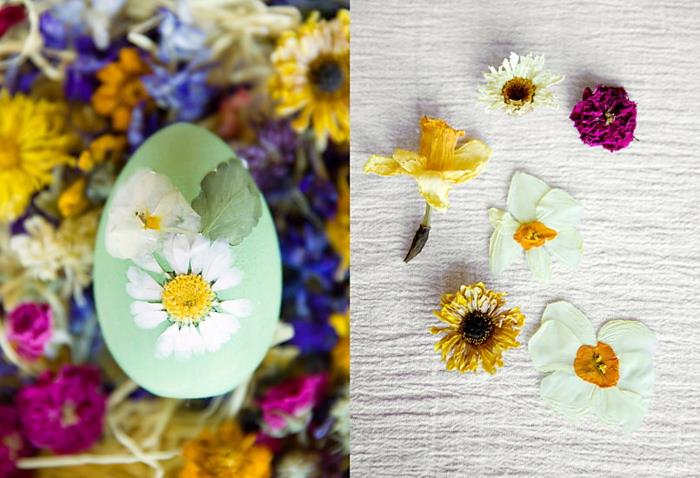 maalataan pääsiäismunia käsitöitä lasten kanssa koristamalla kuivattuja kukkia
